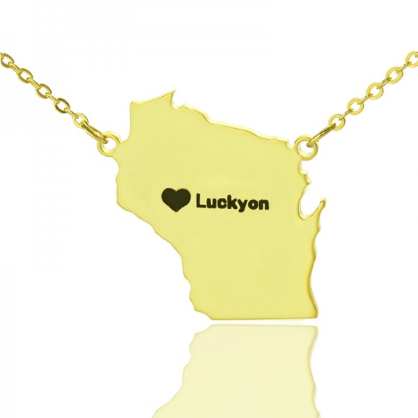 Custom Wisconsin State Shaped Necklaces With Heart  Name Gold Plated - Name My Jewelry ™