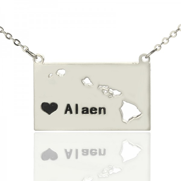 Custom Hawaii State Shaped Necklaces With Heart  Name Silver - Name My Jewelry ™