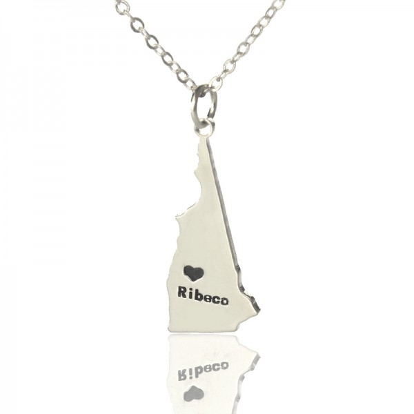 Custom New Hampshire State Shaped Necklaces With Heart  Name Silver - Name My Jewelry ™