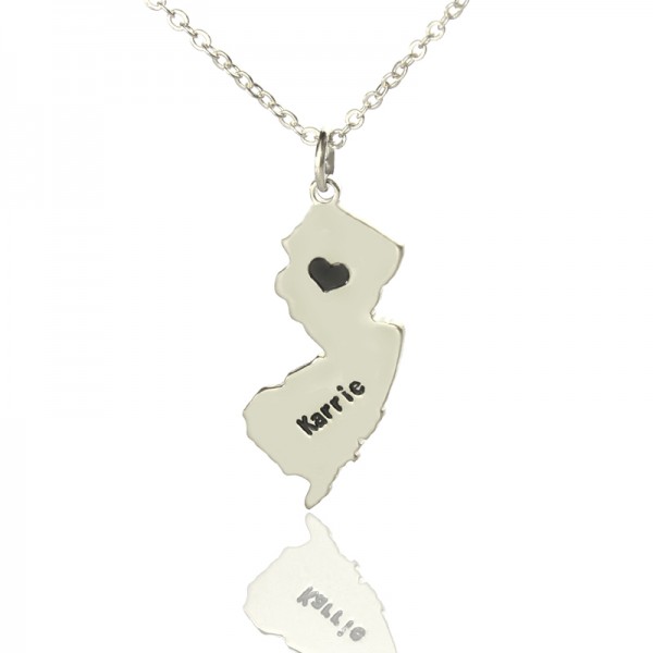 Custom New Jersey State Shaped Necklaces With Heart  Name Silver - Name My Jewelry ™