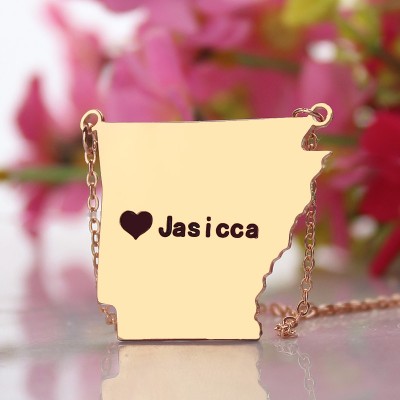 Custom AR State USA Map Necklace With Heart  Name Rose Gold - Name My Jewelry ™