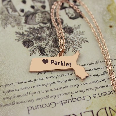 Massachusetts State Shaped Necklaces With Heart  Name Rose Gold - Name My Jewelry ™