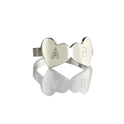 Double Heart Ring Engraved Letter Sterling Silver - Name My Jewelry ™
