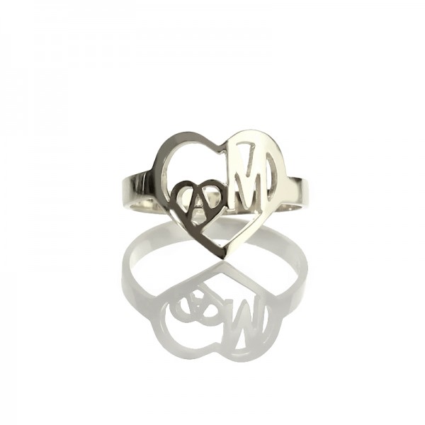 Heart in Heart Double Initials Ring Sterling Silver - Name My Jewelry ™