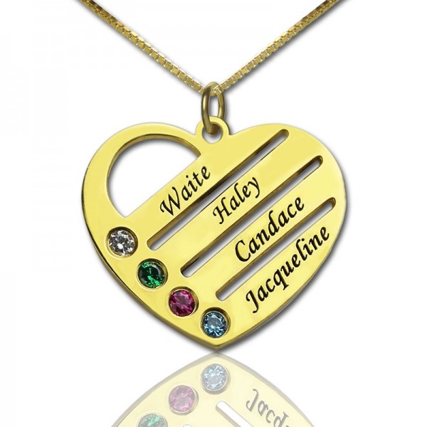 18ct Gold Plated Mothers Birthstone Heart Necklace Engraved Names  - Name My Jewelry ™