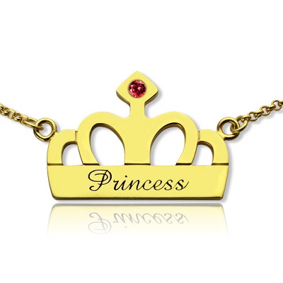 Princess Crown Charm Necklace with Birthstone  Name 18ct Gold Plated  - Name My Jewelry ™