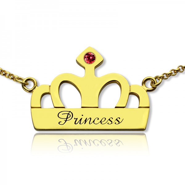 Princess Crown Charm Necklace with Birthstone  Name 18ct Gold Plated  - Name My Jewelry ™