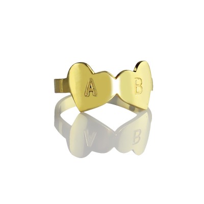 Custom Double Heart Ring Engraved Letter 18ct Gold Plated - Name My Jewelry ™