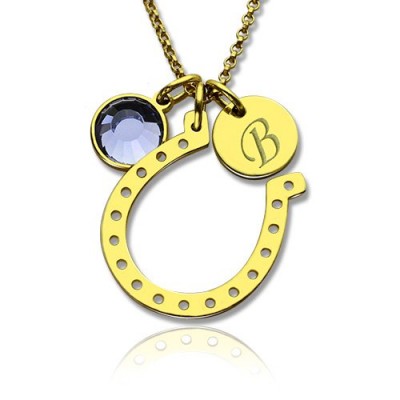 Birthstone Horseshoe Lucky Necklace with Initial Charm 18ct Gold Plate  - Name My Jewelry ™