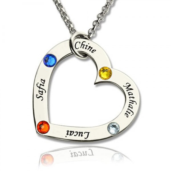 Mother Heart Necklace with Name  Birthstone Sterling Silver  - Name My Jewelry ™