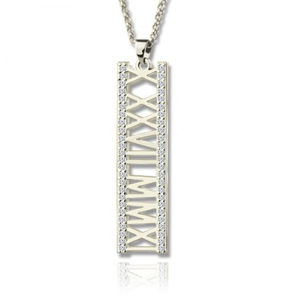 Roman Numeral Vertical Necklace With Birthstones Sterling Silver  - Name My Jewelry ™