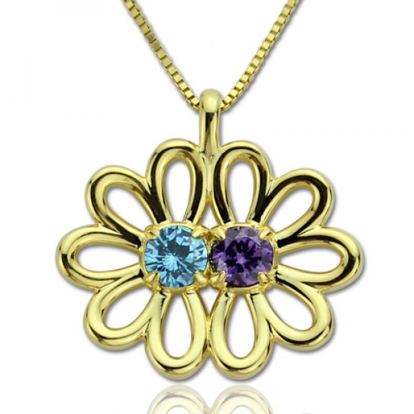 personalized Double Flower Pendant with Birthstone 18ct Gold Plated Silver  - Name My Jewelry ™