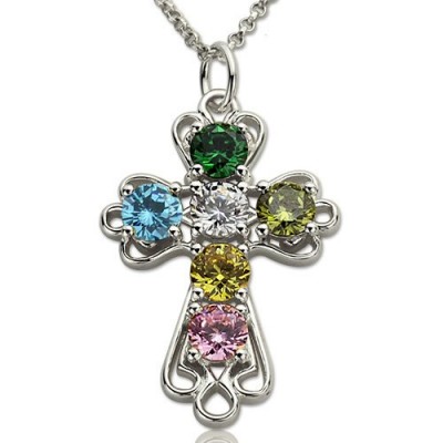 personalized Cross Necklace with Birthstones Sterling Silver  - Name My Jewelry ™