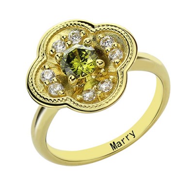Blossoming Engagement Ring Engraved Birthstone 18ct Gold Plated  - Name My Jewelry ™