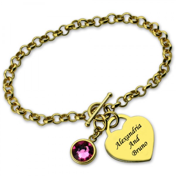 Engravable Birthstone Bracelet with Heart  Name Charm 18ct Gold Plate  - Name My Jewelry ™