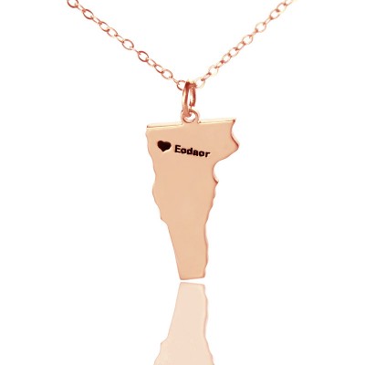 Custom Vermont State USA Map Necklace With Heart  Name Rose Gold - Name My Jewelry ™