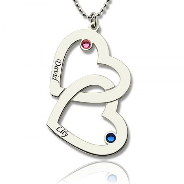 Double Heart Necklace with Name  Birthstones Sterling Silver  - Name My Jewelry ™