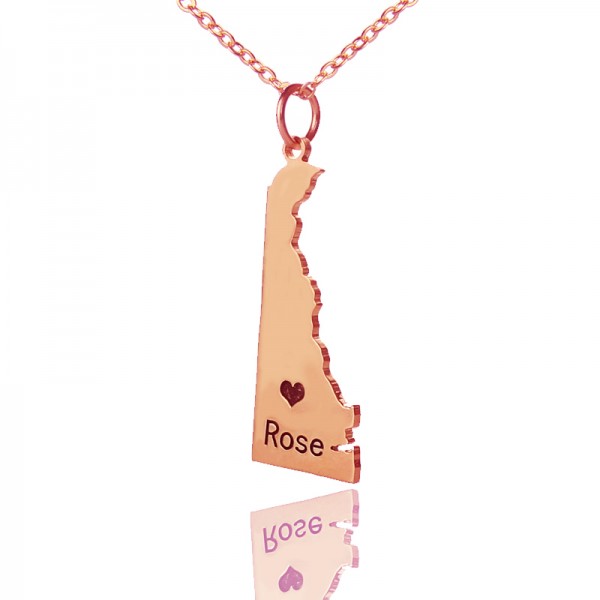 Custom Delaware State Shaped Necklaces With Heart  Name Rose Gold - Name My Jewelry ™