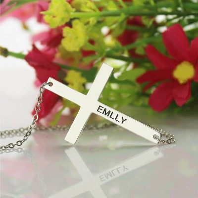 Engraved Silver Latin Cross Name Necklace 1.6" - Name My Jewelry ™