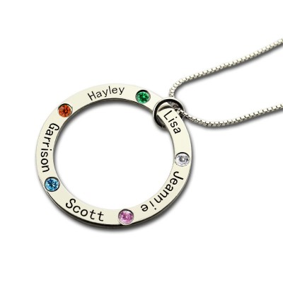 Mothers Family Circle Name Necklace Engraved Birthstone Silver  - Name My Jewelry ™