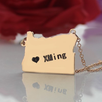 Custom Oregon State USA Map Necklace With Heart  Name Rose Gold - Name My Jewelry ™