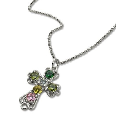 personalized Cross Necklace with Birthstones Sterling Silver  - Name My Jewelry ™