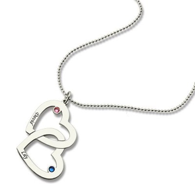 Double Heart Necklace with Name  Birthstones Sterling Silver  - Name My Jewelry ™