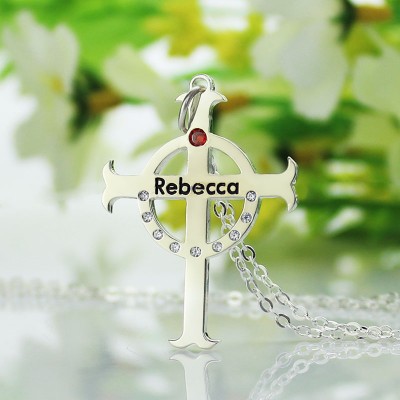 personalized Circle Cross Necklaces with Birthstone  Name Silver  - Name My Jewelry ™