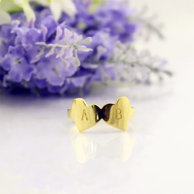 Custom Double Heart Ring Engraved Letter 18ct Gold Plated - Name My Jewelry ™