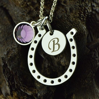 Horseshoe Good Luck Necklace with Initial  Birthstone Charm  - Name My Jewelry ™