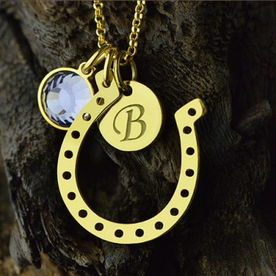 Birthstone Horseshoe Lucky Necklace with Initial Charm 18ct Gold Plate  - Name My Jewelry ™