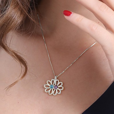 personalized Double Flower Pendant with Birthstone Sterling Silver  - Name My Jewelry ™