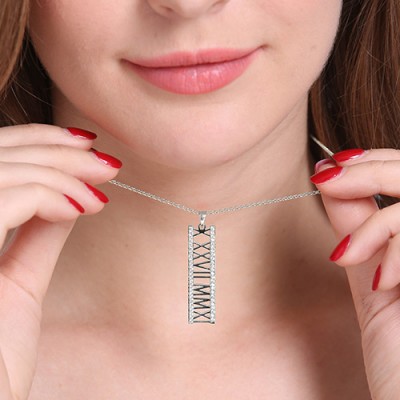 Roman Numeral Vertical Necklace With Birthstones Sterling Silver  - Name My Jewelry ™