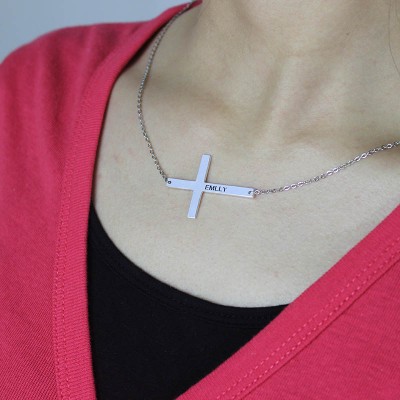 Silver Latin Cross Necklace Engraved Name 1.25" - Name My Jewelry ™