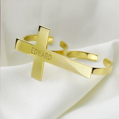 Engraved Name Two finger Cross Ring 18ct Gold Plated - Name My Jewelry ™