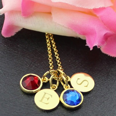 Custom Double Discs Initial Necklace with Birthstones In Gold  - Name My Jewelry ™
