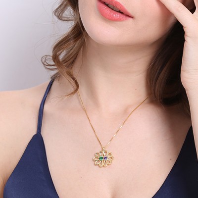 personalized Double Flower Pendant with Birthstone 18ct Gold Plated Silver  - Name My Jewelry ™