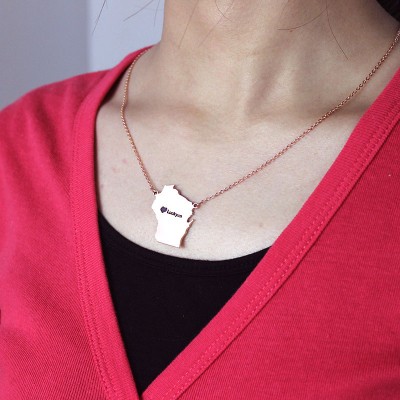 Custom Wisconsin State Shaped Necklaces With Heart  Name Rose Gold - Name My Jewelry ™