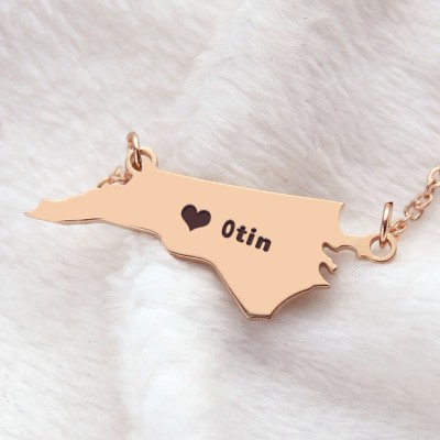 personalized NC State USA Map Necklace With Heart  Name Rose Gold - Name My Jewelry ™