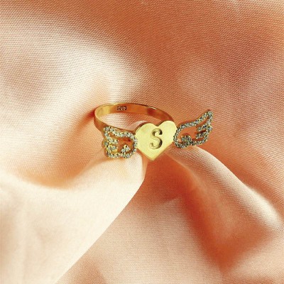 Angel Wings Heart Ring with Birthstone  Initial 18ct Gold Plated  - Name My Jewelry ™
