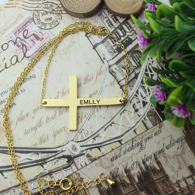 18ct Gold Plated Silver Latin Cross Necklace Engraved Name 1.25" - Name My Jewelry ™