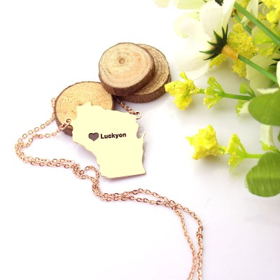 Custom Wisconsin State Shaped Necklaces With Heart  Name Rose Gold - Name My Jewelry ™