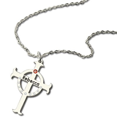 personalized Circle Cross Necklaces with Birthstone  Name Silver  - Name My Jewelry ™