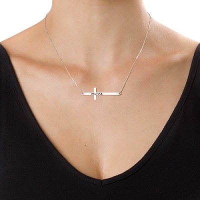 Engraved Silver Sideways Cross Necklace - Name My Jewelry ™