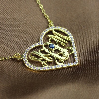 Birthstone Heart Monogram Necklace 18ct Gold Plated  - Name My Jewelry ™