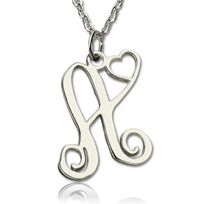 One Initial Monogram With Heart Necklace Silver - Name My Jewelry ™