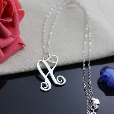 One Initial Monogram With Heart Necklace Silver - Name My Jewelry ™