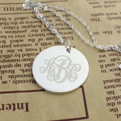 Solid White Gold Vine Font Disc Engraved Monogram Necklace - Name My Jewelry ™