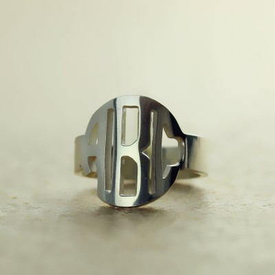 Circle Block Monogram 3 Initials Ring Solid White Gold Ring - Name My Jewelry ™