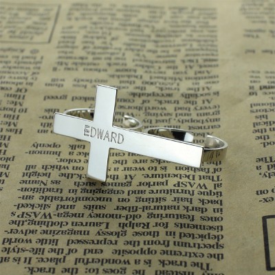 Custom Two finger Cross Ring Engraved Name Sterling Silver - Name My Jewelry ™